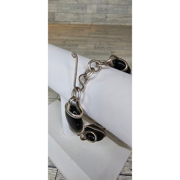 Handmade Silver Tone Square Onyx Black Art Glass Reversible Link Bracelet - Picture 5 of 5
